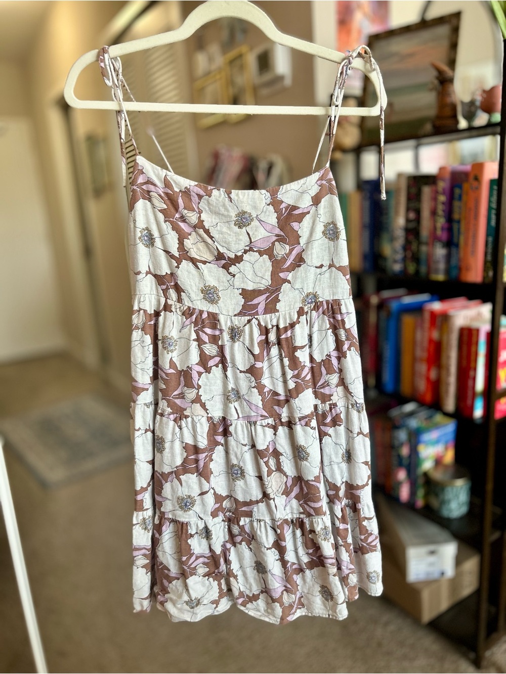 Abercrombie & Fitch Floral Tie-Shoulder Tiered Mini Dress in Cream and Mauve